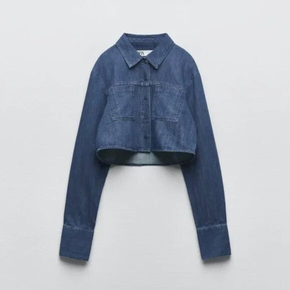 Zara Tops - ZARA CROPPED POCKETS DENIM SHIRT BLUE S